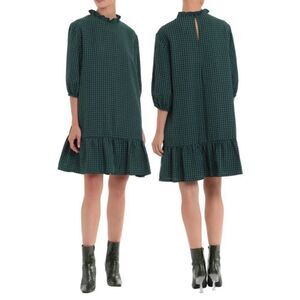 NEW Donna Morgan Green Black Gingham Quarter Sleeve Hem Flounce Mini Dress - 18